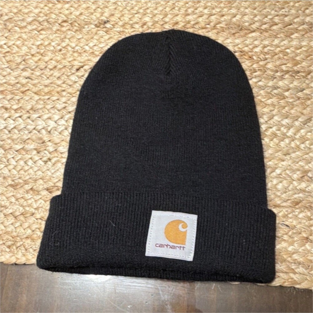 Carhartt Black Solid Beanie Hat Logo Patch Unisex Adults One Size